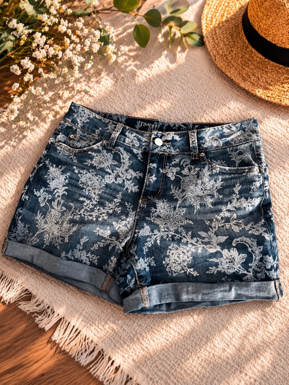 Time and Tru White Floral Print Dark Blue Denim Shorts